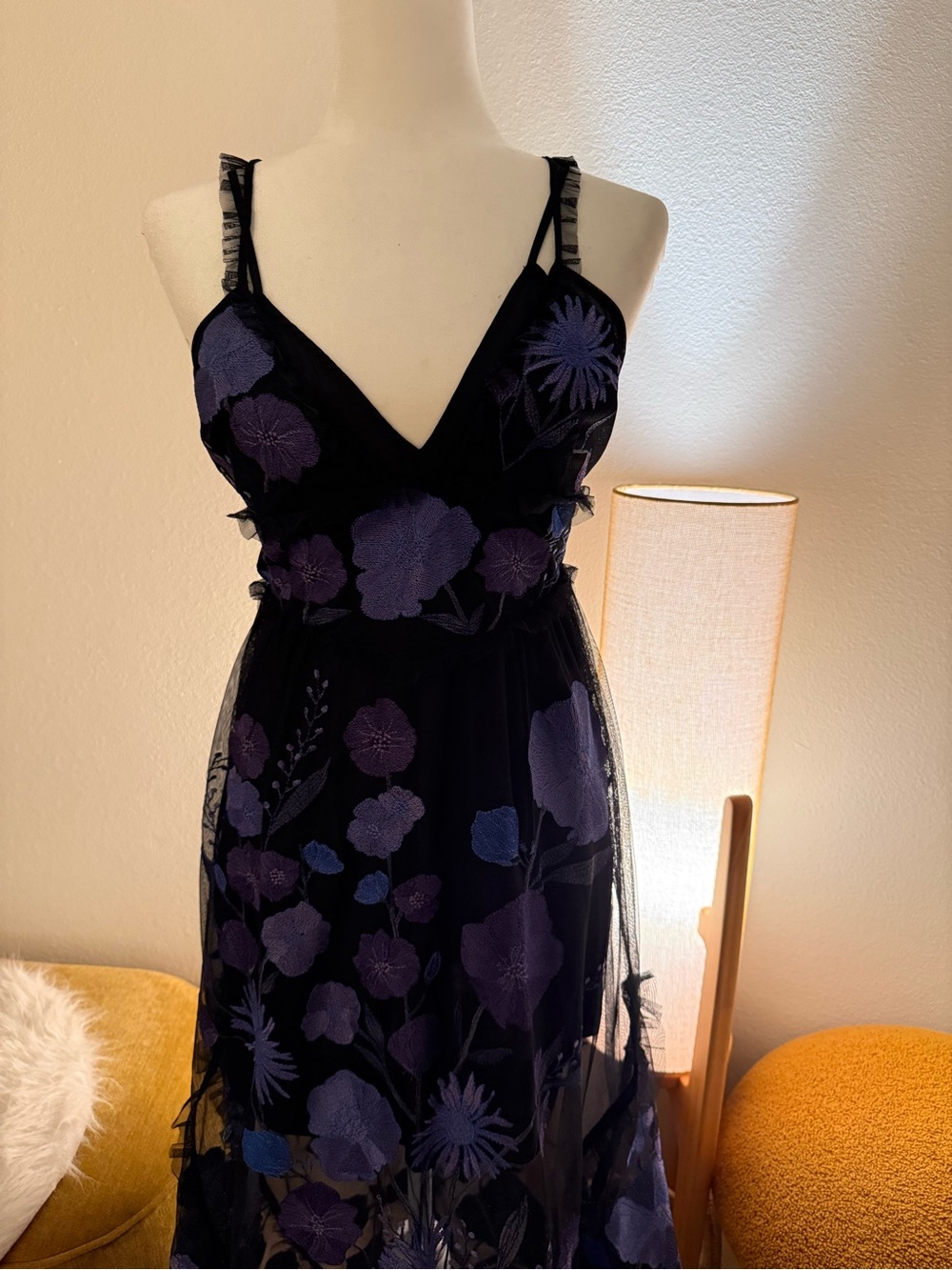 For Love & Lemons Black Maxi Dress with Purple Floral Embroidery - Picture 8 of 9